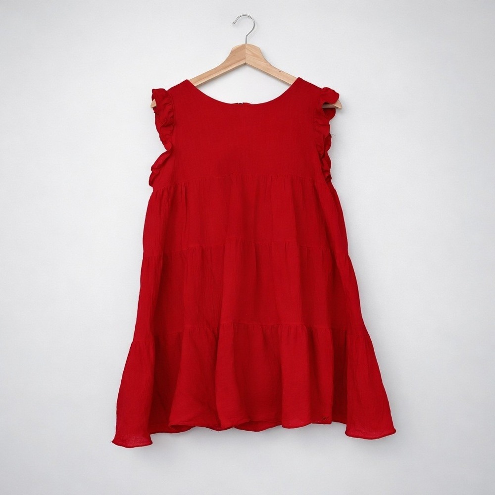 Solution Red Ruffle Tiered‎ Dress 100% Cotton Medium Women's Summer Casual